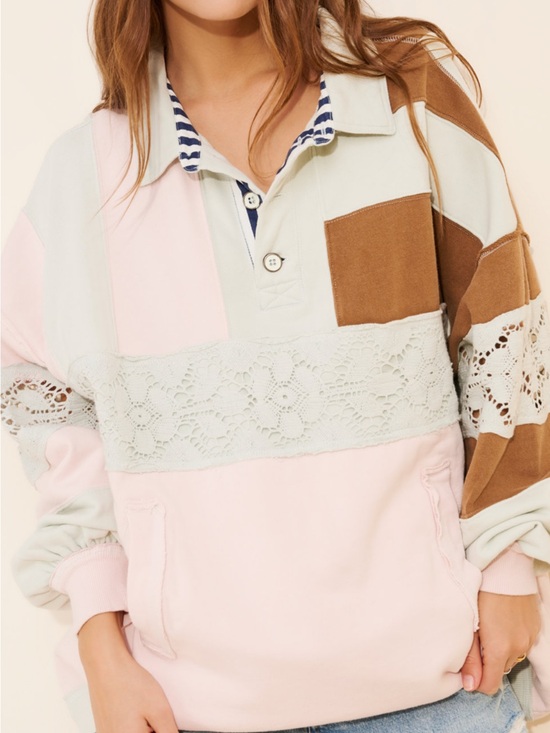 We The Free Tops - We The Free Colorblock Lace-Trim Rugby Pullover in Pink, Cream & Brown